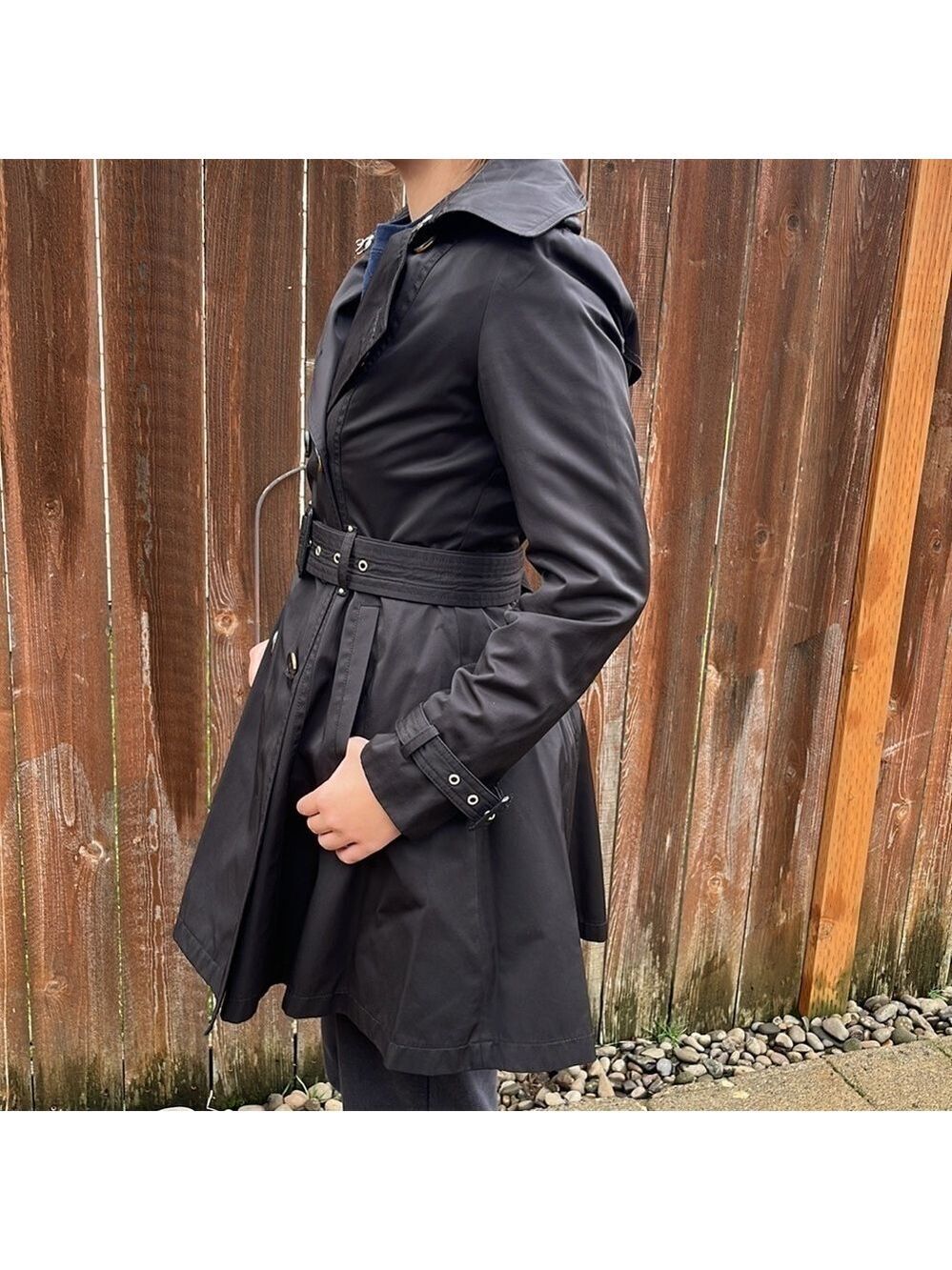 BLACK women’s double breasted trench coat - Picture 4 of 9